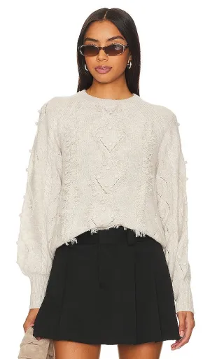 Autumn Cashmere Fringed Cable Popcorn Crew Neck in Cream