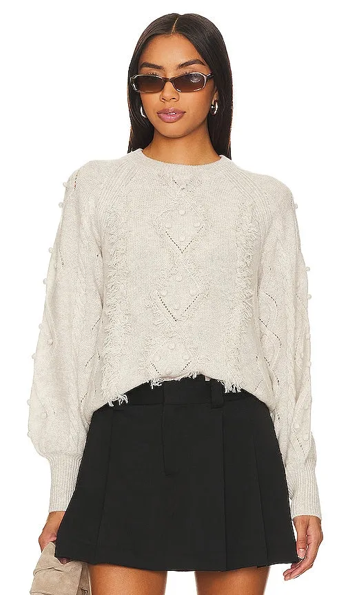 Autumn Cashmere Fringed Cable Popcorn Crew Neck in Cream