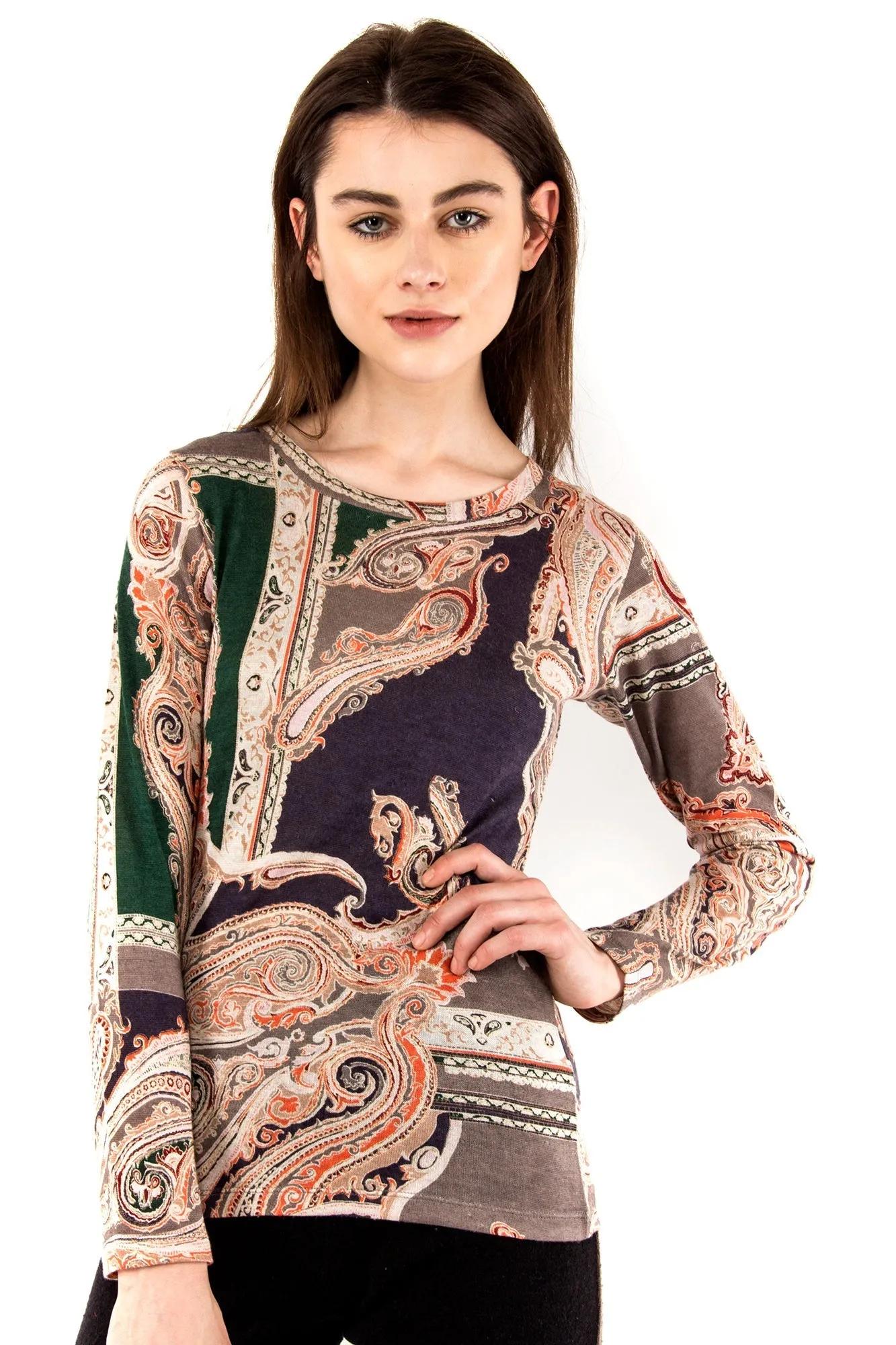 Beige & Green Paisley Silk Wool Cashmere Sweater