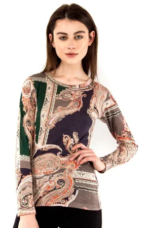 Beige & Green Paisley Silk Wool Cashmere Sweater