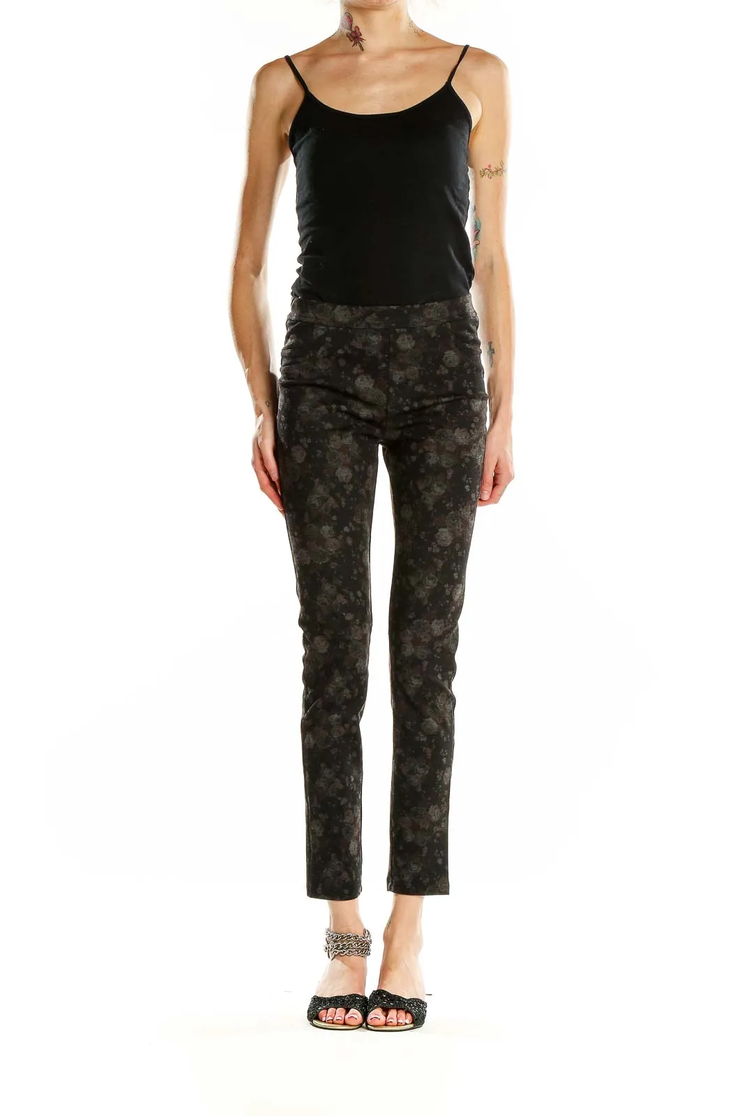 Black Floral Print Slim Fit Pants
