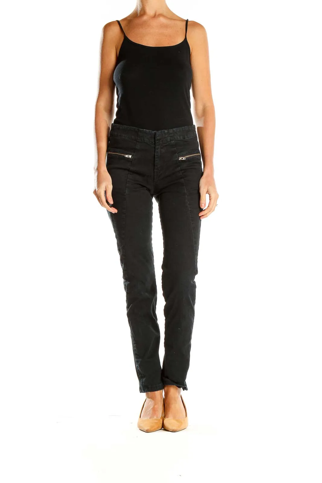 Black Slim-Fit Zipper-Detail Pants