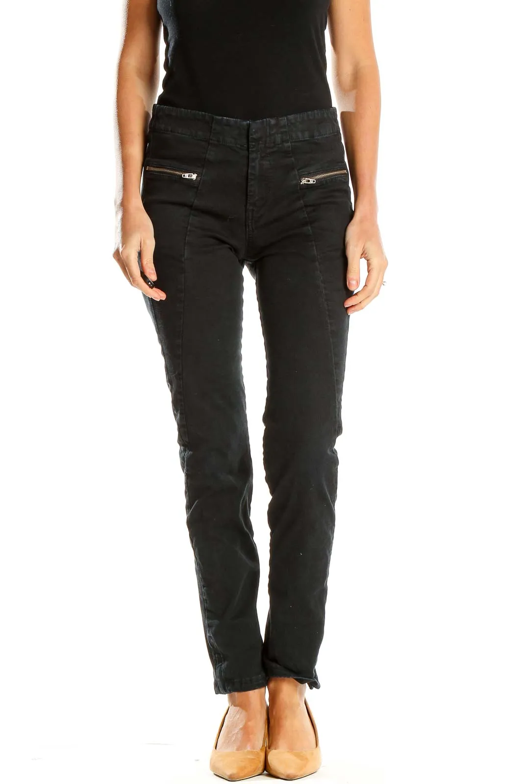 Black Slim-Fit Zipper-Detail Pants
