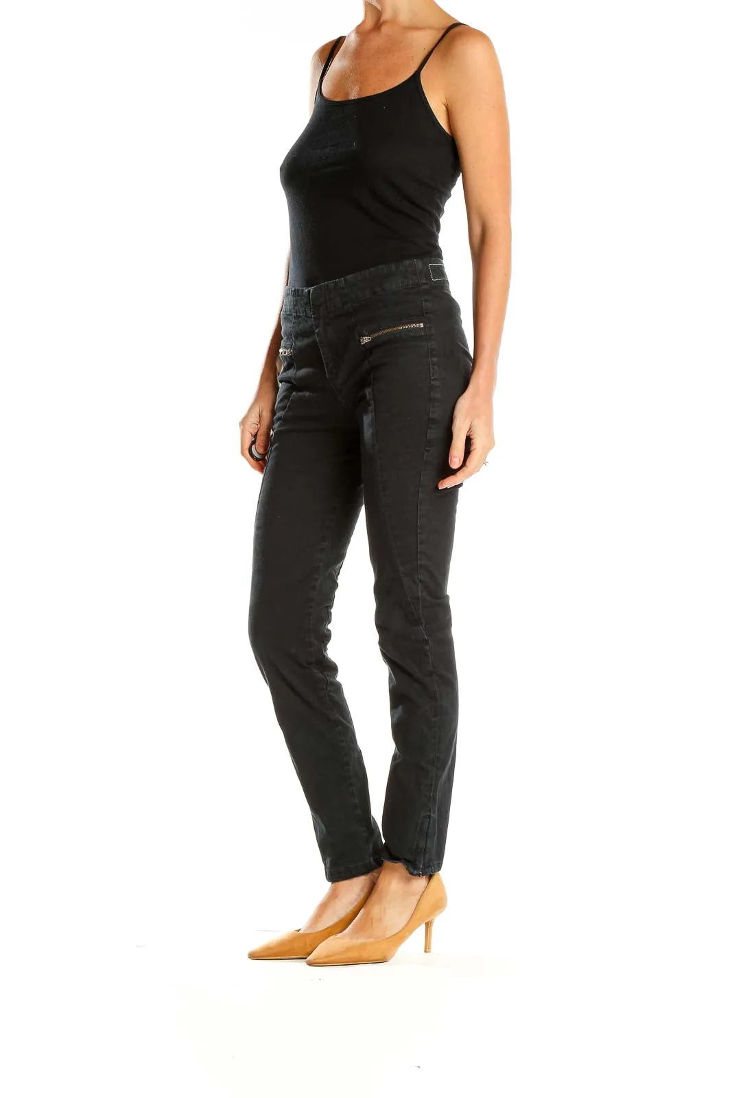Black Slim-Fit Zipper-Detail Pants