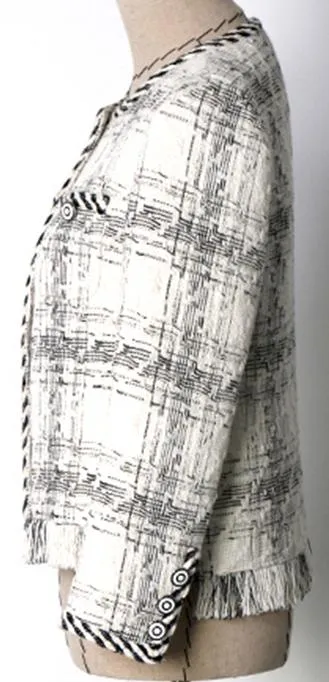 Braided-Trim Fringed Tweed Jacket