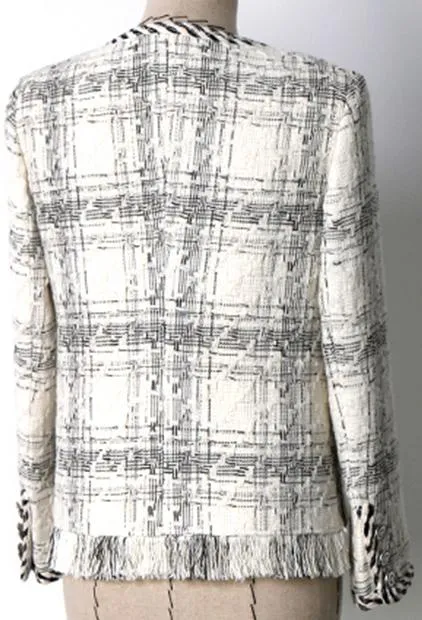 Braided-Trim Fringed Tweed Jacket