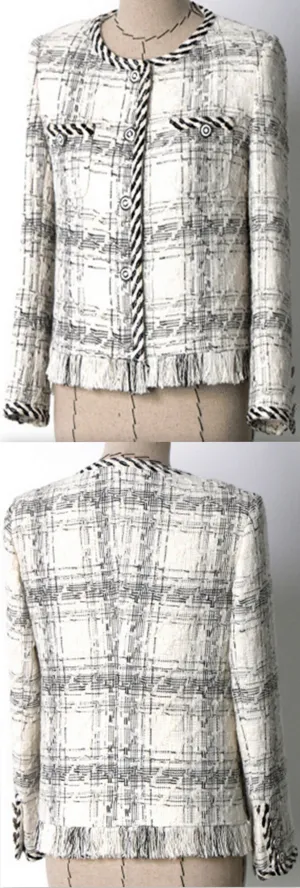 Braided-Trim Fringed Tweed Jacket