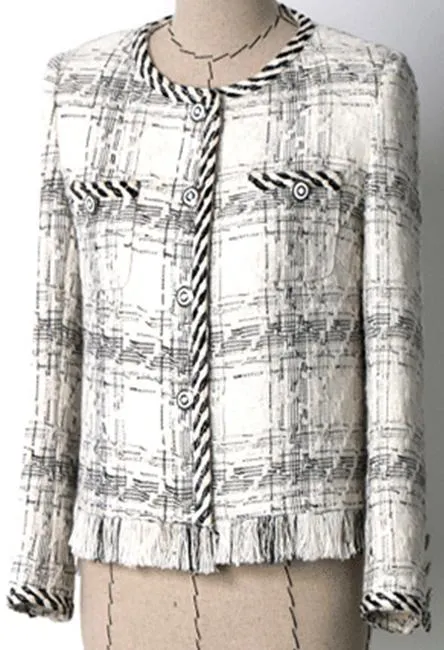 Braided-Trim Fringed Tweed Jacket