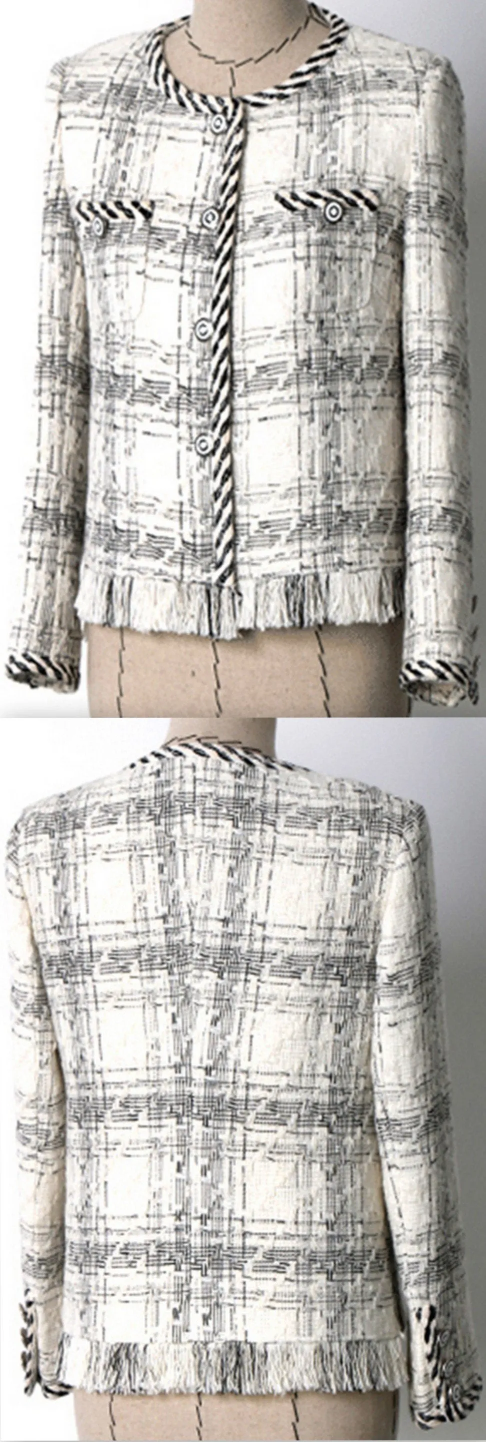 Braided-Trim Fringed Tweed Jacket
