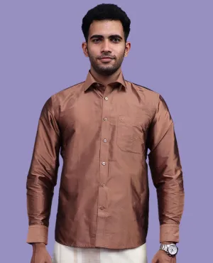 Brown plain design full-sleeve pure-silk shirt