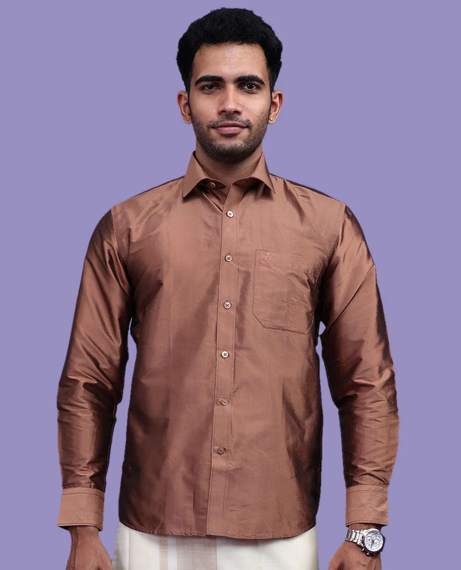 Brown plain design full-sleeve pure-silk shirt