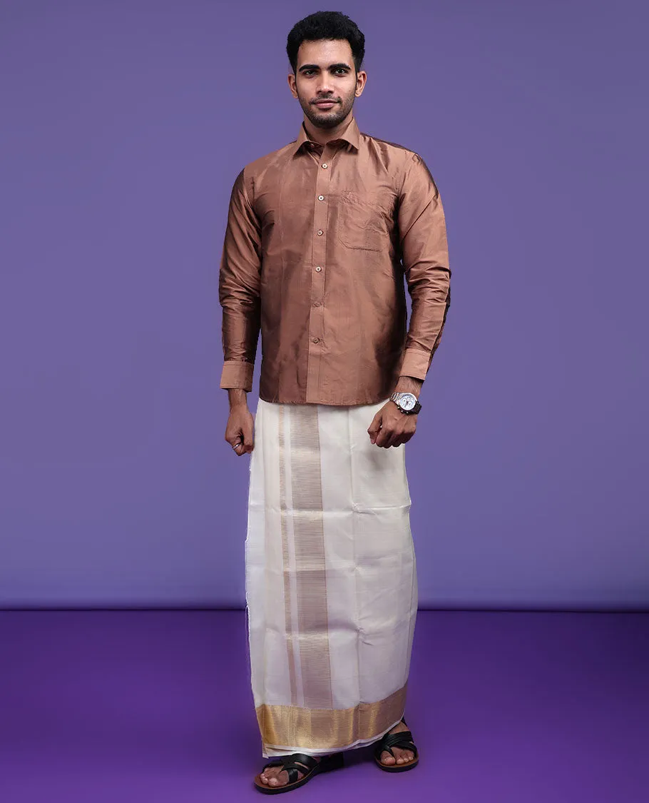 Brown plain design full-sleeve pure-silk shirt