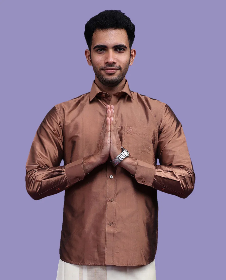 Brown plain design full-sleeve pure-silk shirt