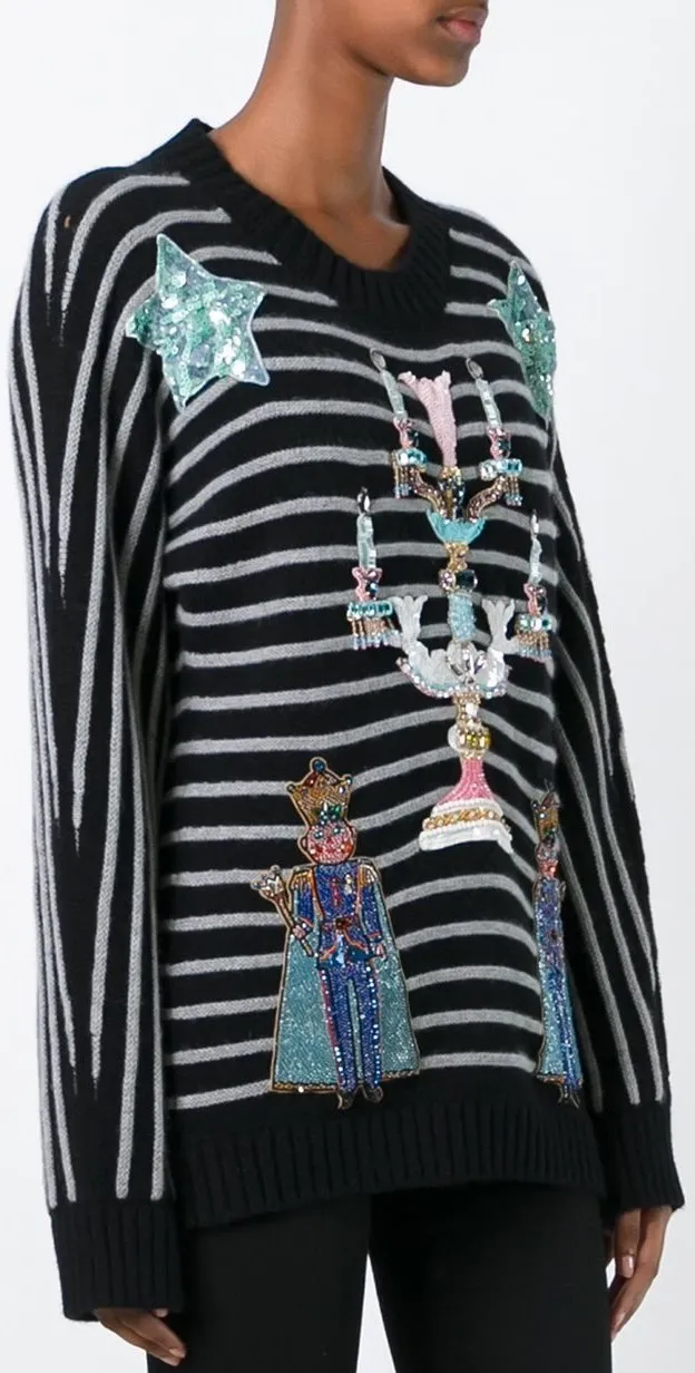 Embellished Stripe Knit Sweater in Black