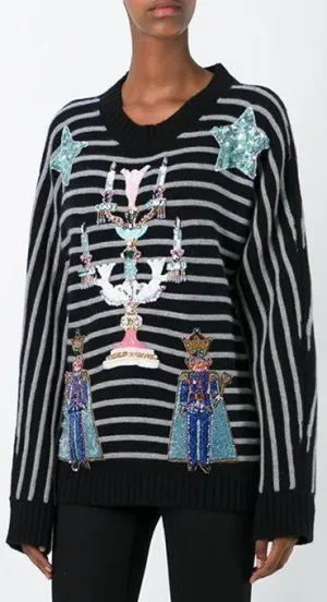 Embellished Stripe Knit Sweater in Black