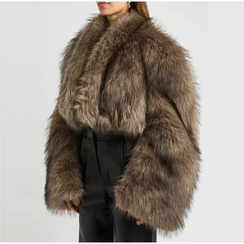 Fashionista Faux Fur cropped Coat thick Large long sleeves