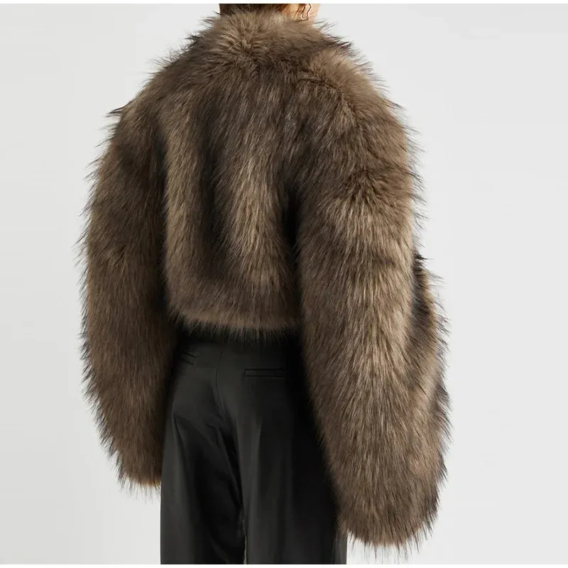 Fashionista Faux Fur cropped Coat thick Large long sleeves