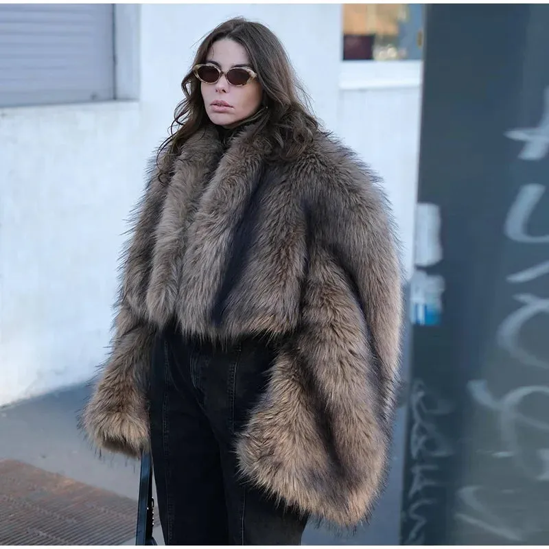 Fashionista Faux Fur cropped Coat thick Large long sleeves