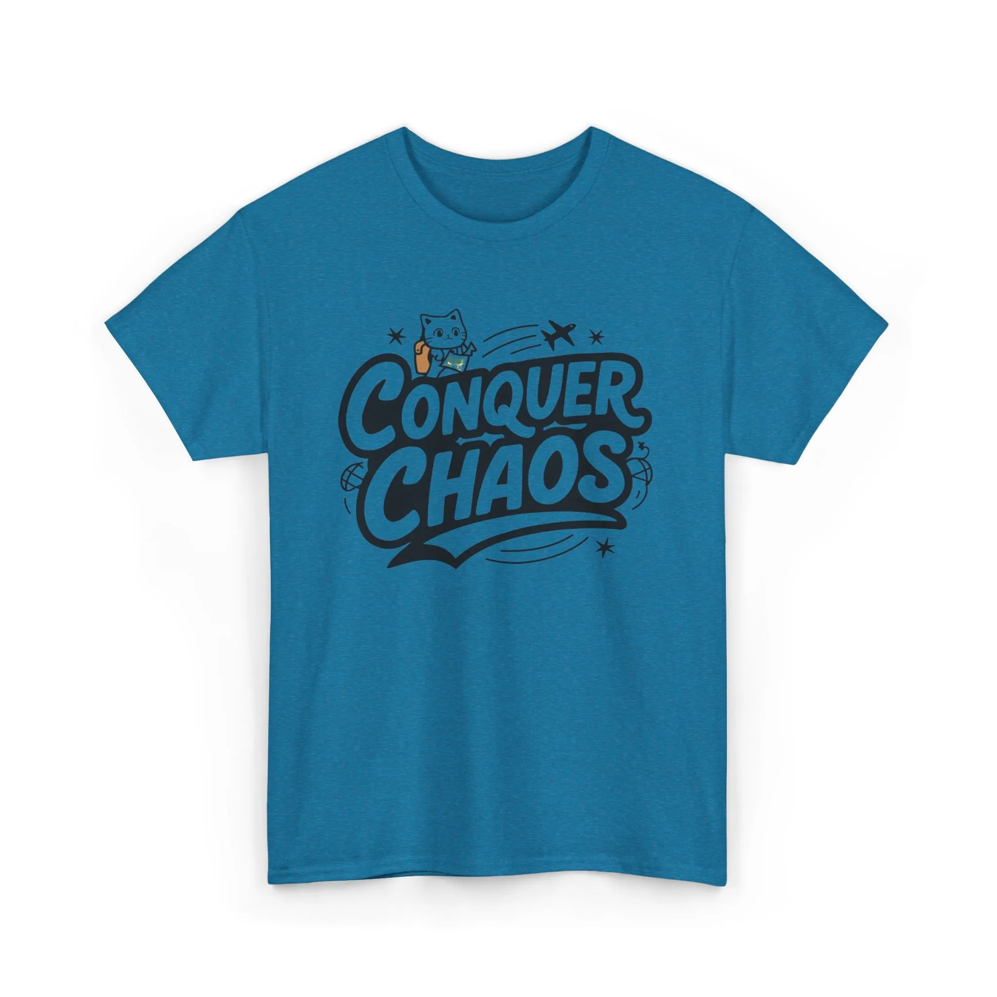 Funny Cat Conquer Choas Travel Vacations Gift Men Kids Women Funny Cat T-Shirt