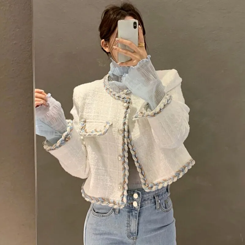Joskaa Christmas Gift Retro Round Neck Outer Braided Edging Jacket Women Single-breasted Coat Mesh Stitching Long sleeve Short Woman Jacket