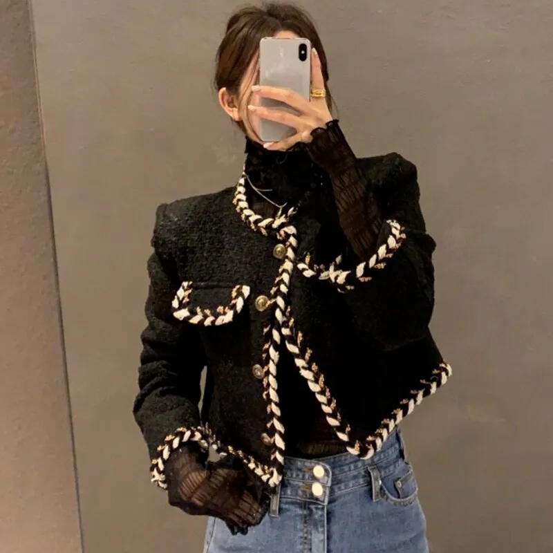 Joskaa Christmas Gift Retro Round Neck Outer Braided Edging Jacket Women Single-breasted Coat Mesh Stitching Long sleeve Short Woman Jacket