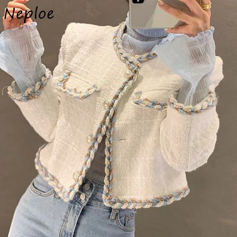 Joskaa Christmas Gift Retro Round Neck Outer Braided Edging Jacket Women Single-breasted Coat Mesh Stitching Long sleeve Short Woman Jacket