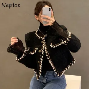 Joskaa Christmas Gift Retro Round Neck Outer Braided Edging Jacket Women Single-breasted Coat Mesh Stitching Long sleeve Short Woman Jacket