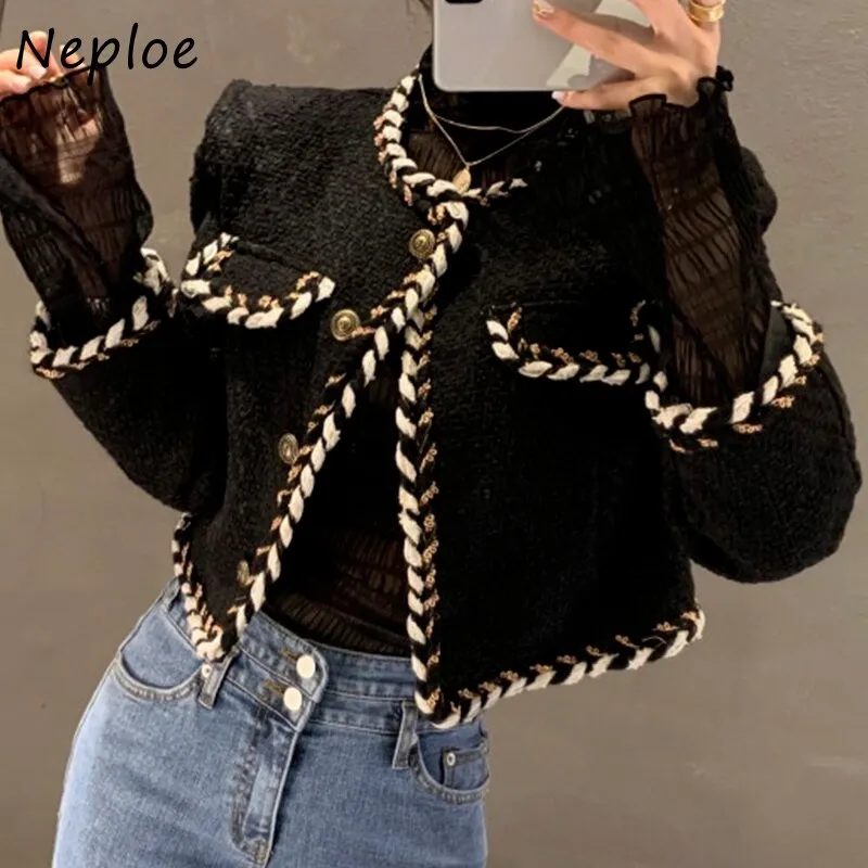 Joskaa Christmas Gift Retro Round Neck Outer Braided Edging Jacket Women Single-breasted Coat Mesh Stitching Long sleeve Short Woman Jacket