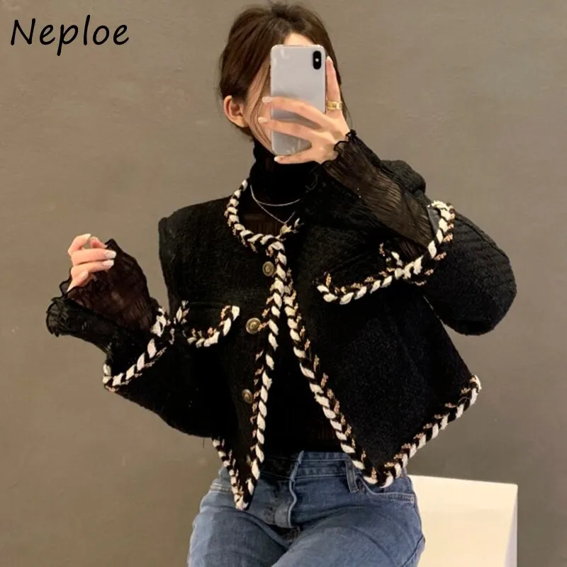 Joskaa Christmas Gift Retro Round Neck Outer Braided Edging Jacket Women Single-breasted Coat Mesh Stitching Long sleeve Short Woman Jacket
