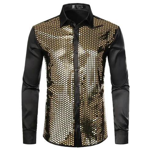 Lakis Gold Men Sequin Black Silk Dress Shirts