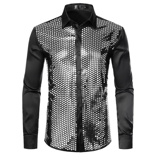 Lakis Gold Men Sequin Black Silk Dress Shirts