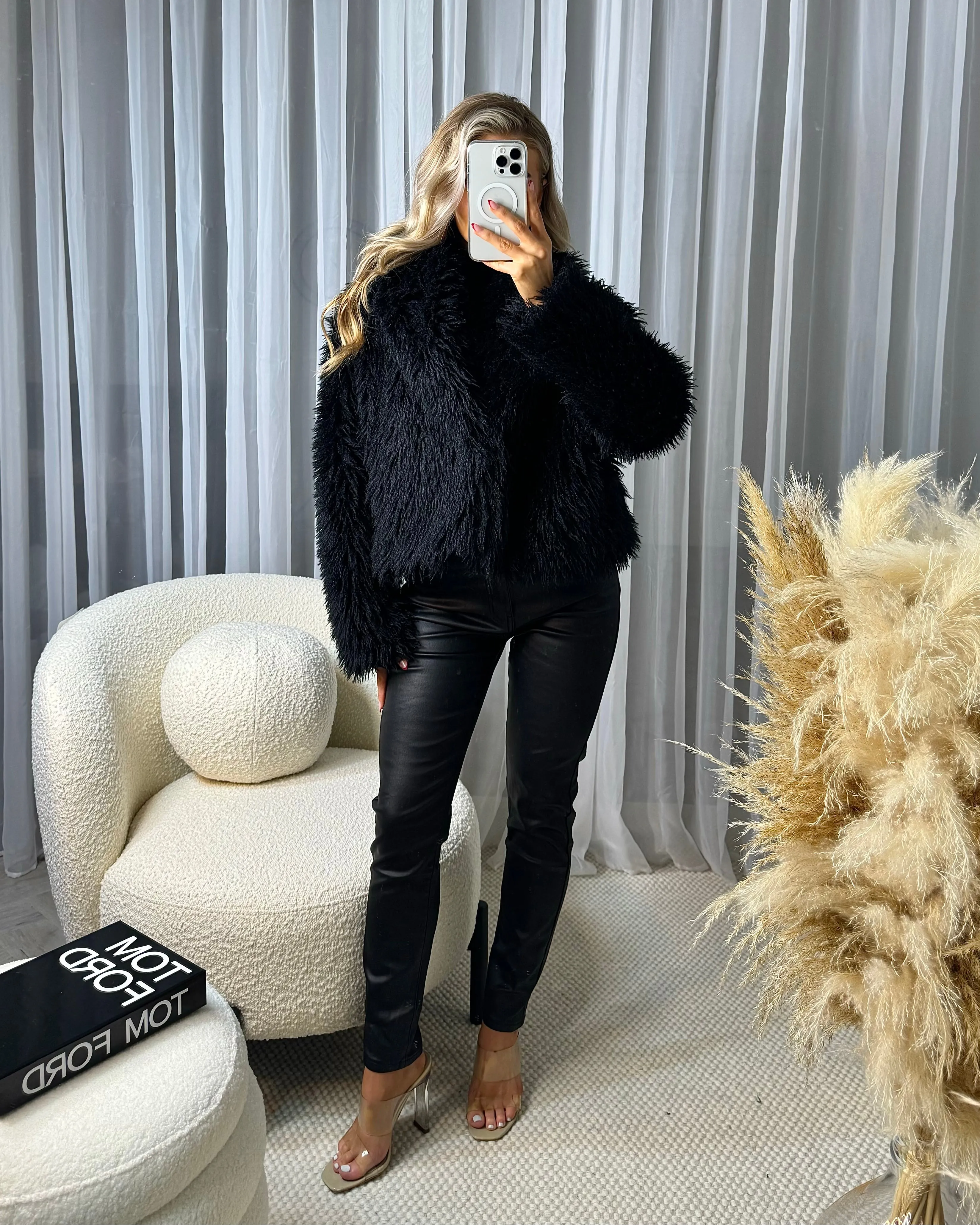 Lottie Faux Fur Short Button Coat - Black