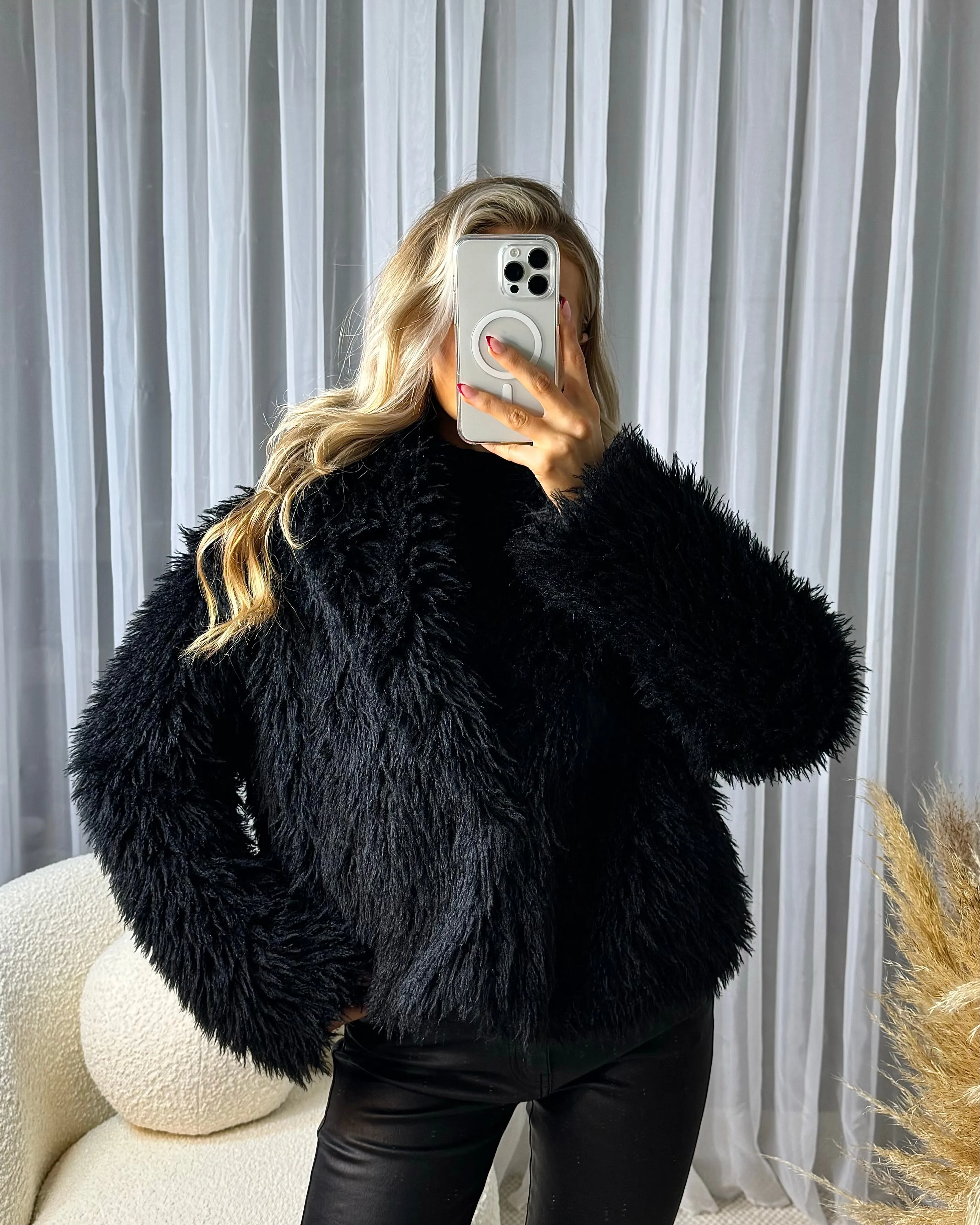 Lottie Faux Fur Short Button Coat - Black