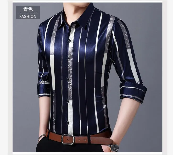 Male Silk Long Sleeve Striped Shirts