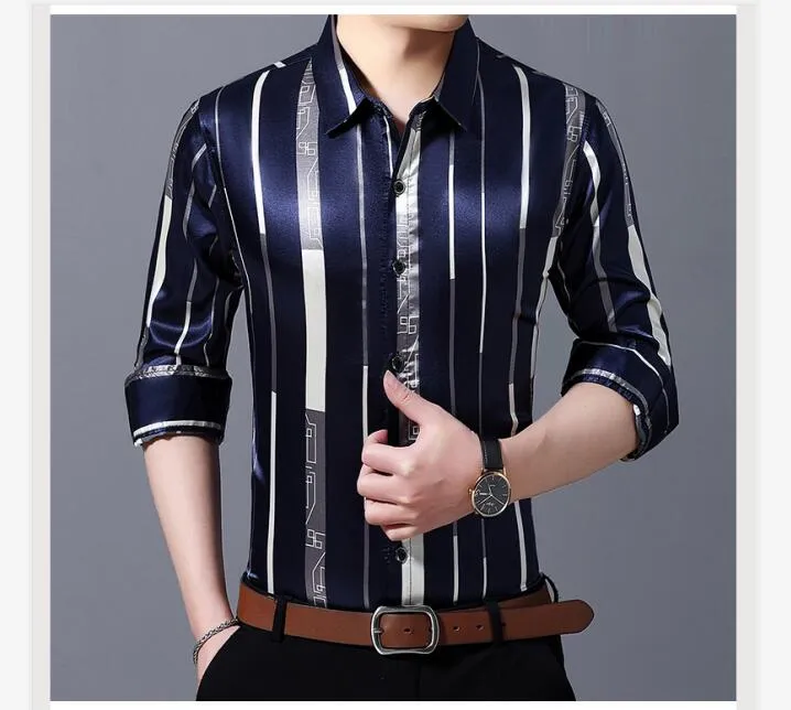 Male Silk Long Sleeve Striped Shirts