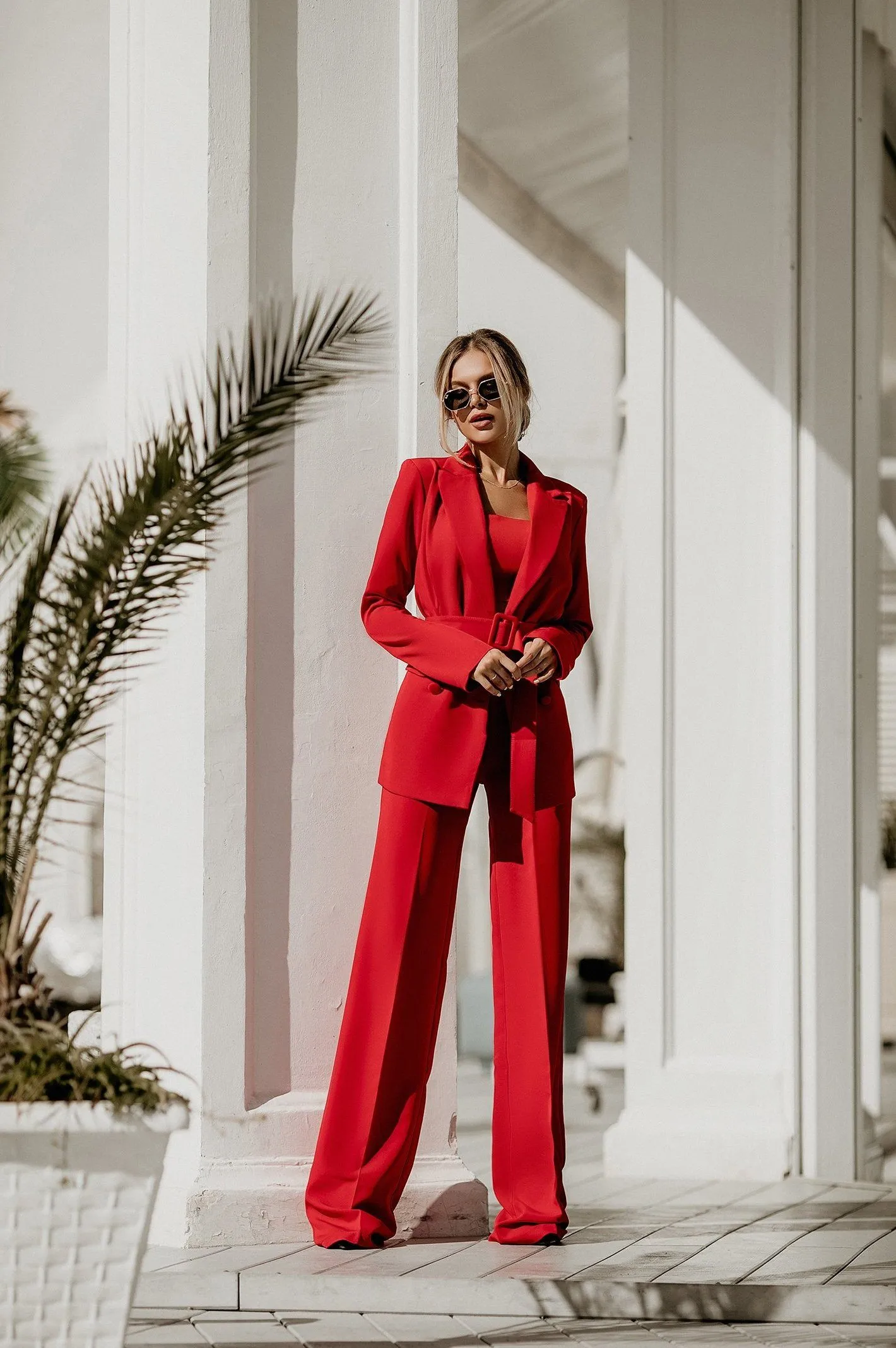 Red Belted Double Breasted Suit 2-Piece
