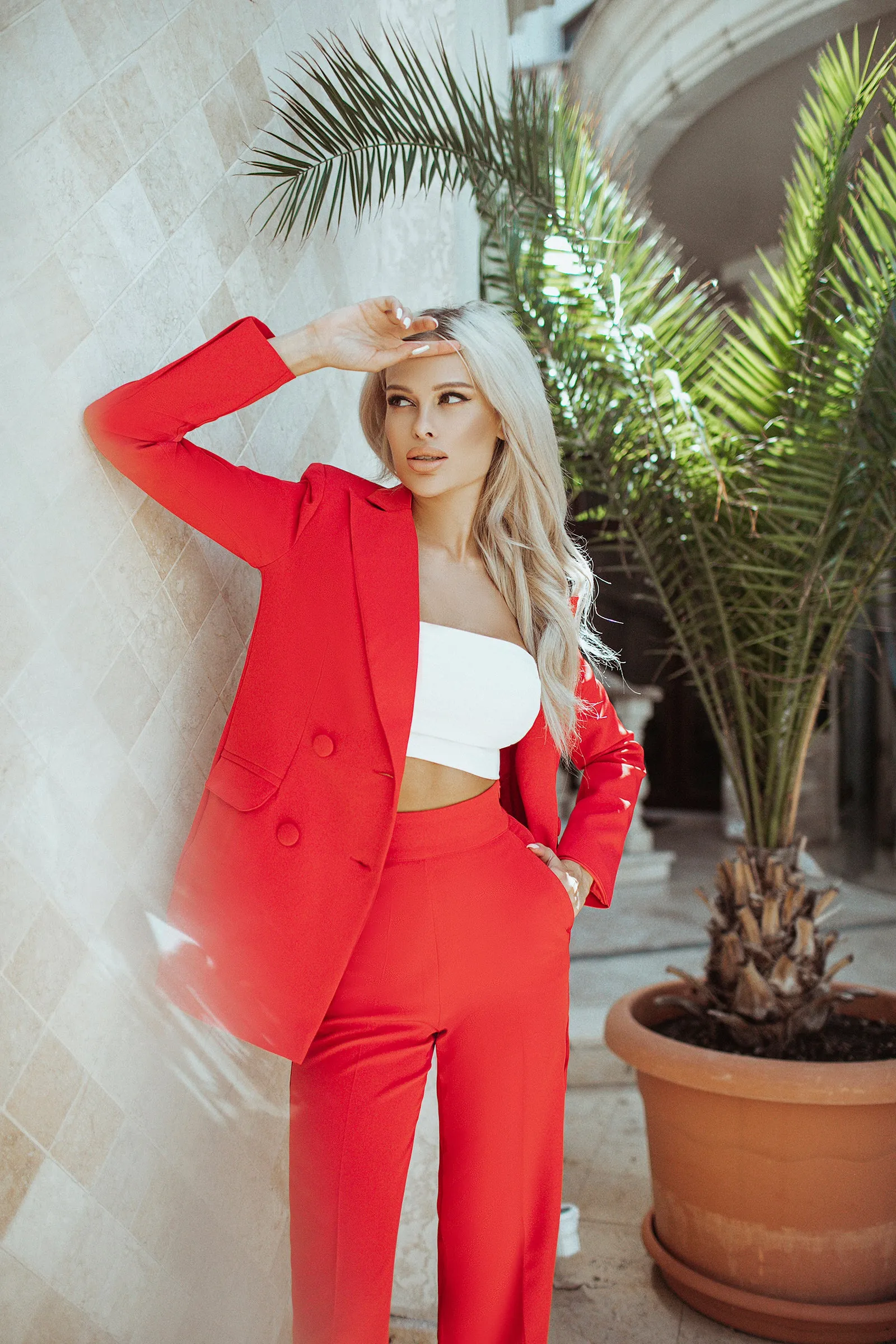 Red Belted Double Breasted Suit 2-Piece