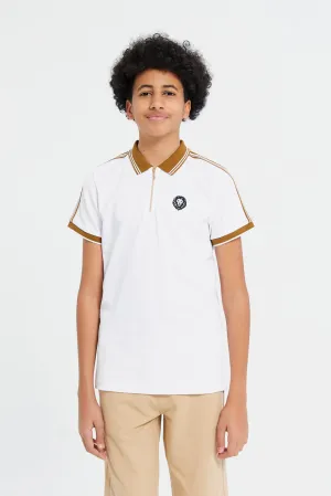 Senior Boys White Zip Neck Polo With Shoulder Tape