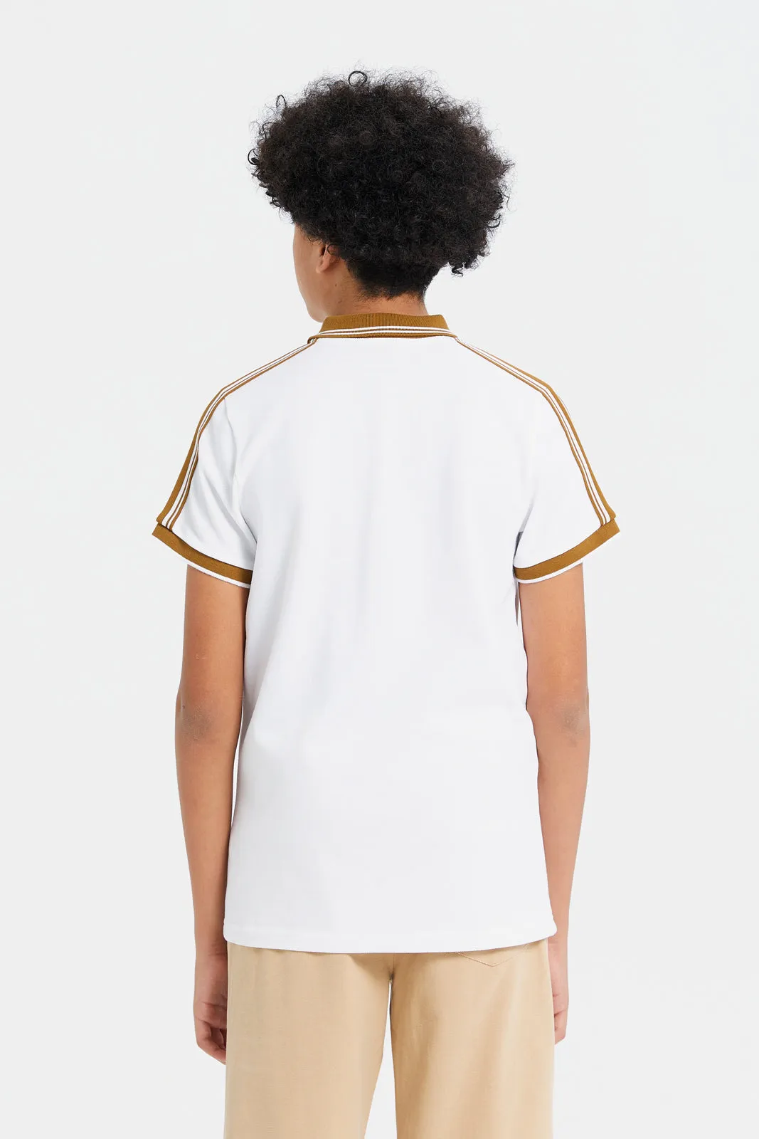Senior Boys White Zip Neck Polo With Shoulder Tape
