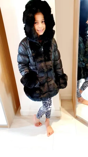 Tilly Kids Black Faux Fur Padded Puffer Belt Detail Hooded Coat