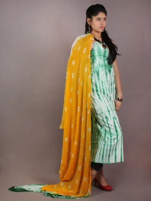 White Green Yellow Hand Shibori Dyed Cotton Suit-Salwar Fabric With Chiffon Dupatta - S1628103