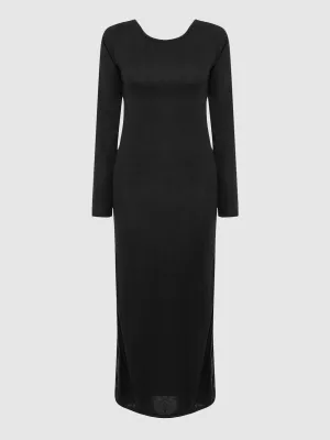 Wholesale Black Round Neck Long Sleeve Plain Backless Slit Hem Midi Dress