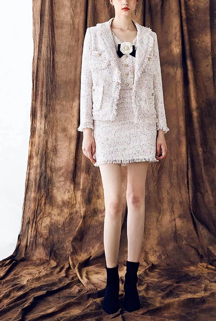 Women's White Tweed Tassels Lapel Formal Jacket