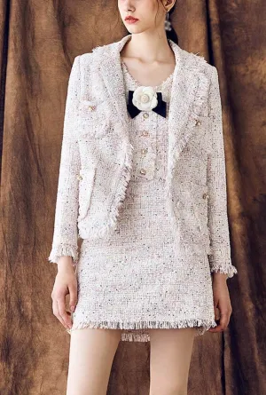 Women's White Tweed Tassels Lapel Formal Jacket
