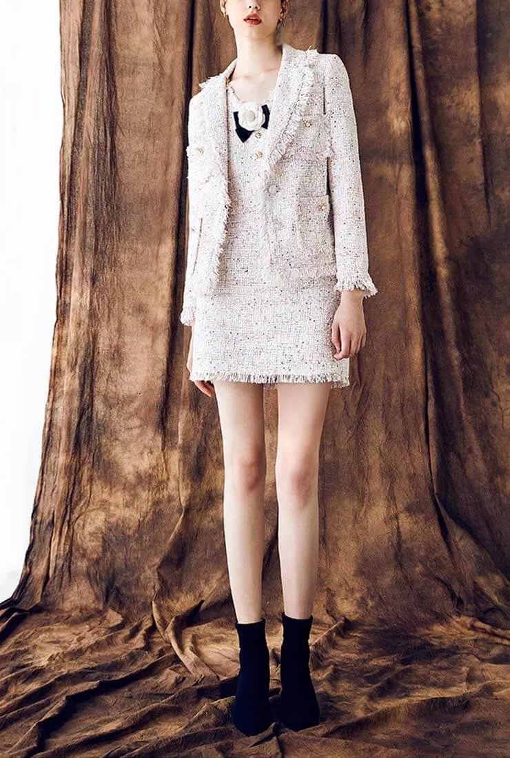 Women's White Tweed Tassels Lapel Formal Jacket