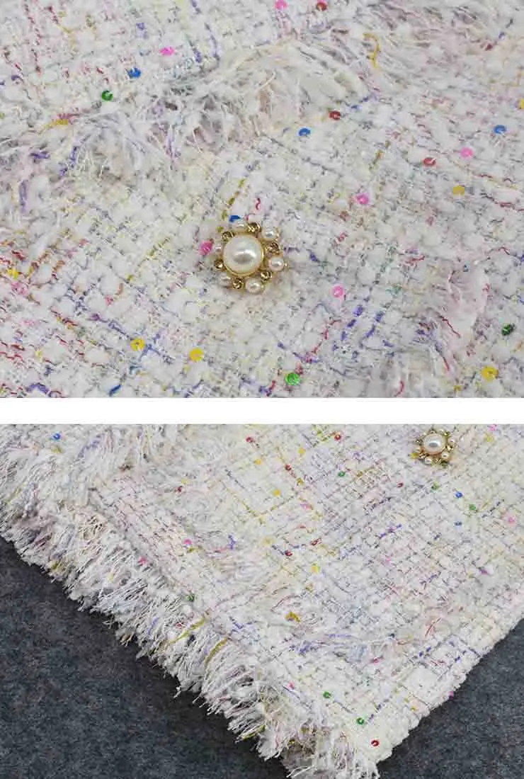 Women's White Tweed Tassels Lapel Formal Jacket
