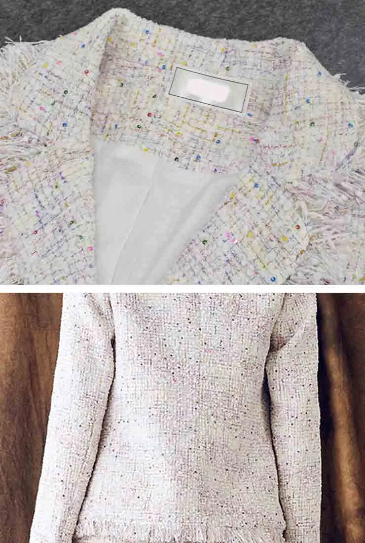 Women's White Tweed Tassels Lapel Formal Jacket