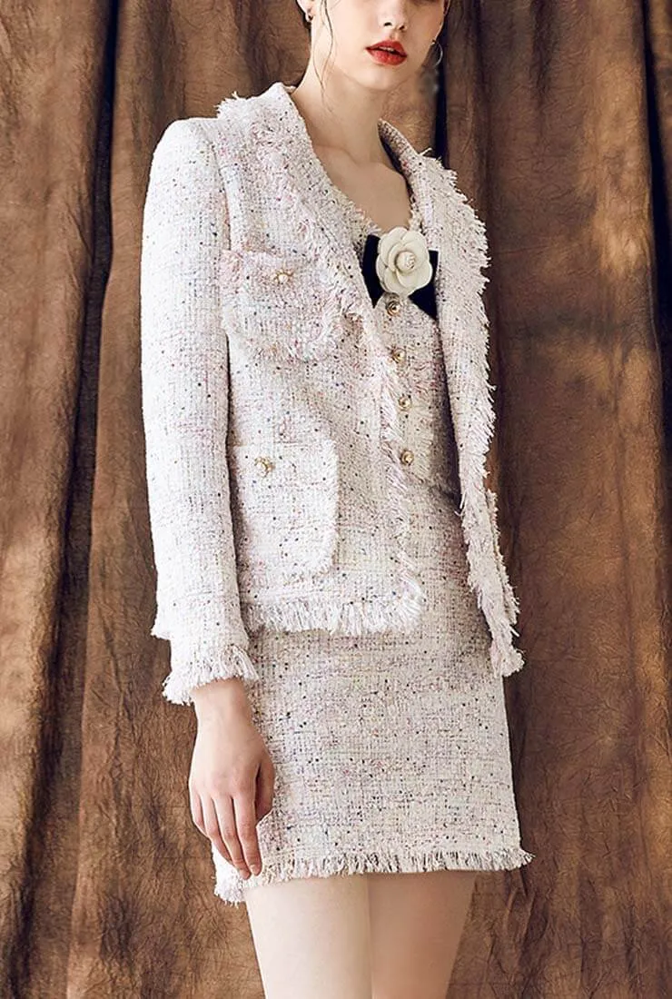 Women's White Tweed Tassels Lapel Formal Jacket